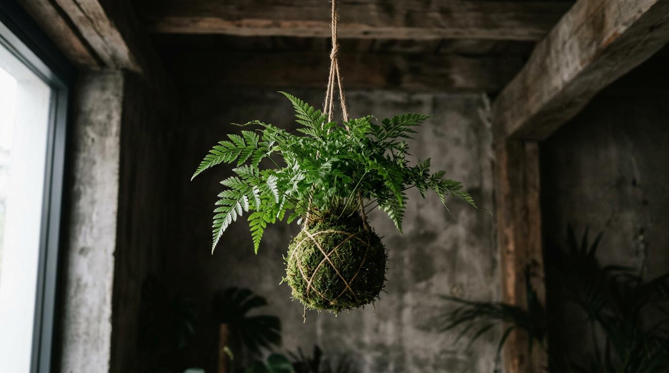 Kokedama de musgo colgando en un interior cálido, taller artesanal Kikavo en Vitoria-Gasteiz