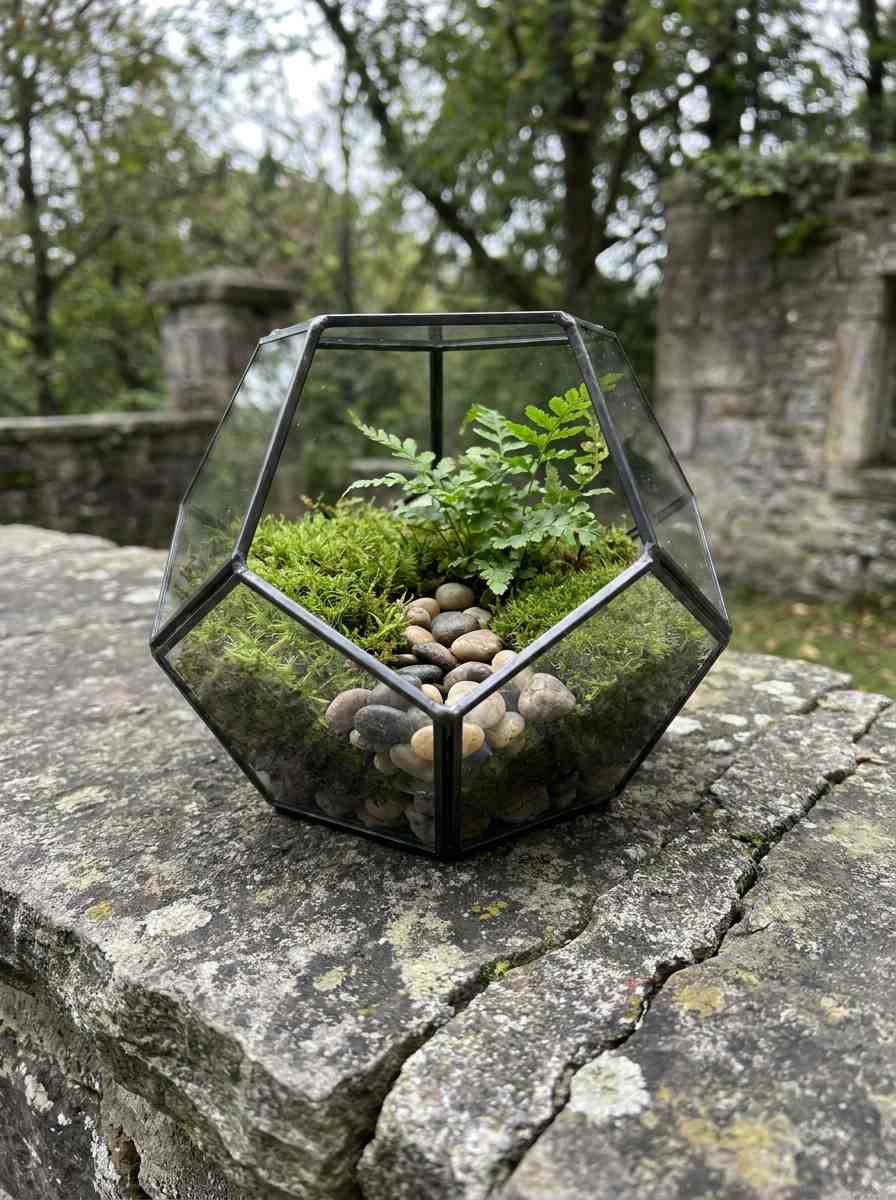 Terrario de cristal terminado al aire libre, luz natural difusa