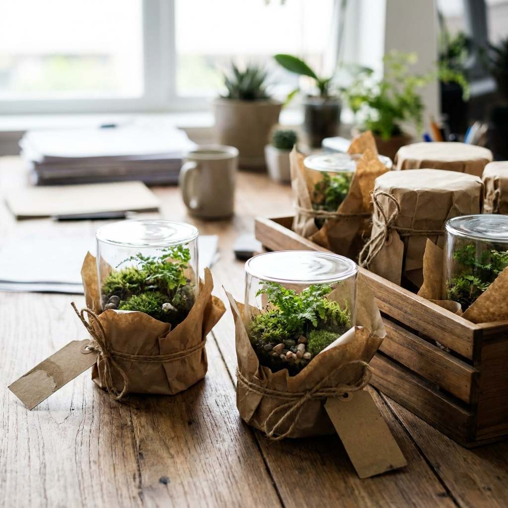 Mini terrario de cristal preparado como regalo de empresa sostenible