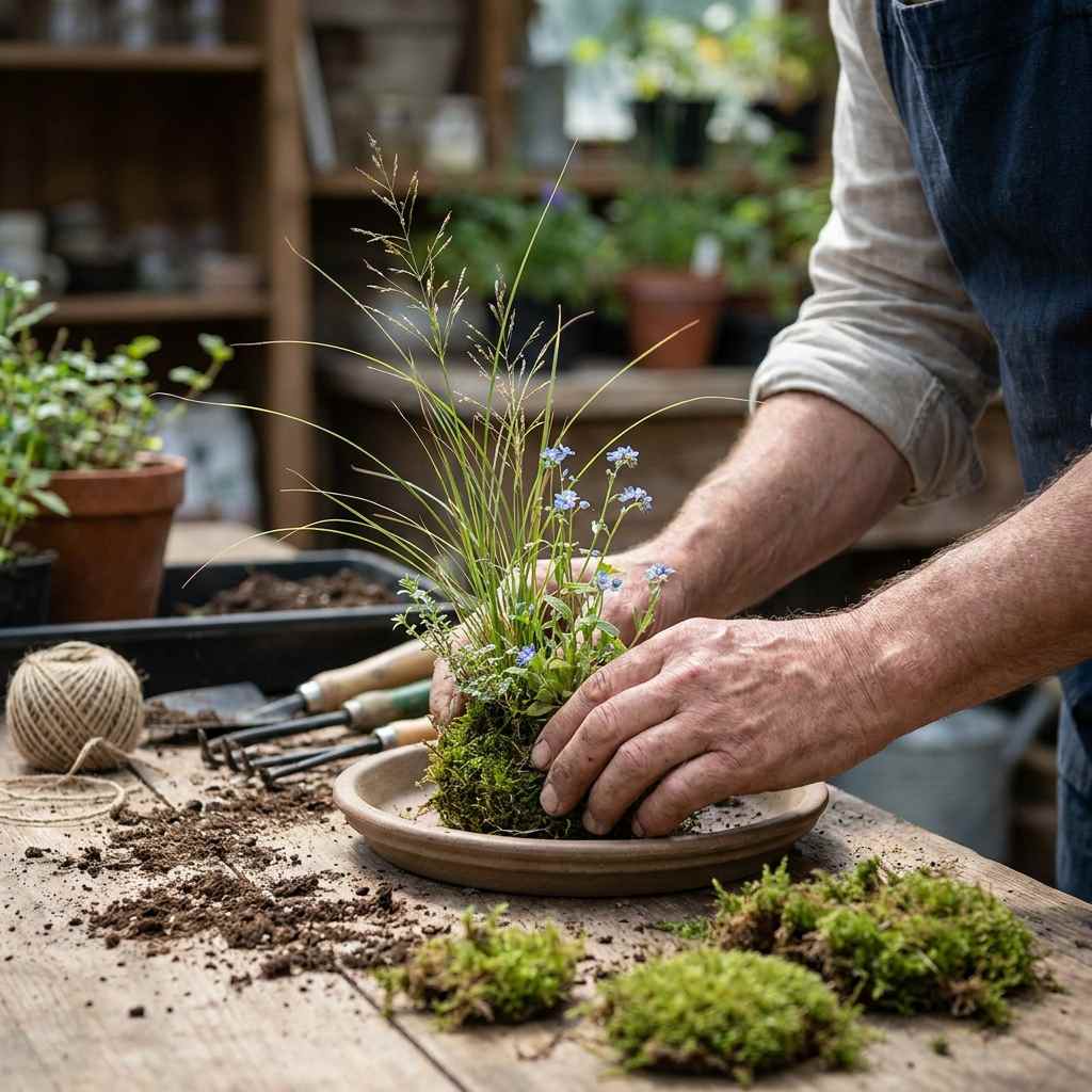 Composición de kusamono con hierbas y plantas silvestres en un taller de Kikavo